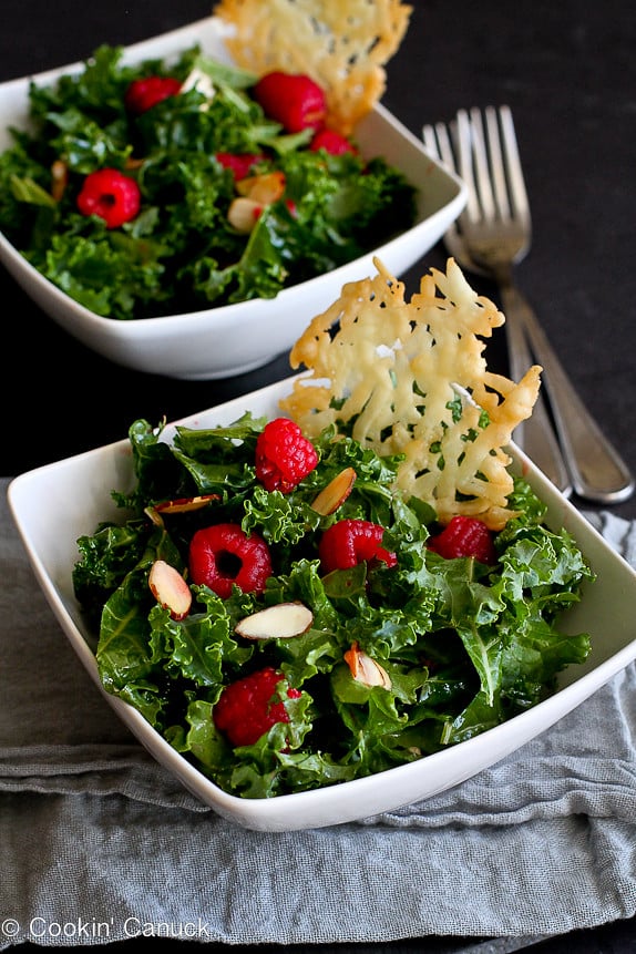 Kale Salad with Raspberries and Parmesan Crisps...A taste of summer at any time of the year! 138 calories and 4 Weight Watchers PP | cookincanuck.com #vegetarian #glutenfree #recipe #healthy