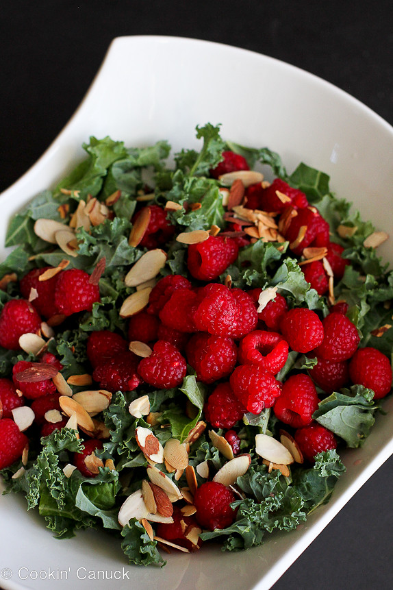 Kale Salad with Raspberries and Parmesan Crisps...A taste of summer at any time of the year! 138 calories and 4 Weight Watchers PP | cookincanuck.com #vegetarian #glutenfree #recipe #healthy