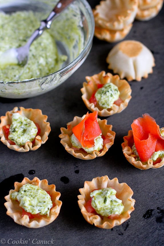 Mini Smoked Salmon and Pesto Yogurt Phyllo Bites...Fantastic for New Year's Eve or any cocktail party! 52 calories and 1 Weight Watchers point for 2 bites. | cookincanuck.com #healthy