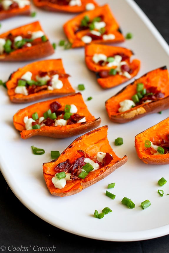 Light Sweet Potato Skins with Bacon and Goat Cheese...A healthy game day recipe! 87 calories & 2 Weight Watcher PP | cookincanuck.com