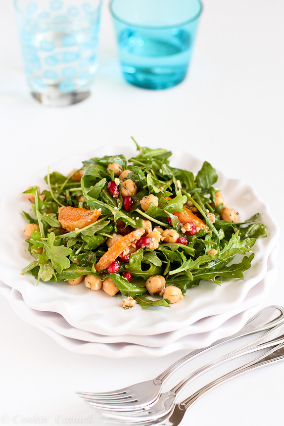Pomegranate, Clementine, Herbed Chickpea and Arugula Salad...A wonderful vegetarian meal! 222 calories and 6 Weight Watchers PP | cookincanuck.com #healthy
