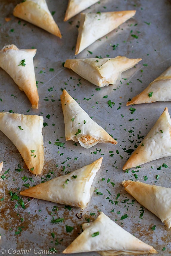 Lightened-Up Buffalo Chicken Phyllo Turnovers...Fantastic for the Super Bowl! 105 calories and 3 Weight Watcher PP for two. | cookincanuck.com