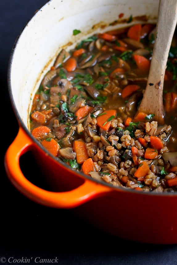Hearty Mushroom, Farro and Ginger Soup...This is a must-make recipes! 247 calories and 4 Weight Watchers Freestyle SP. #vegan #vegetarian