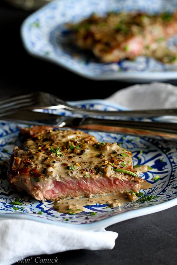 Light(er) Steak au Poivre with Brandy Sauce...Great for a romantic meal! | cookincanuck.com #recipe