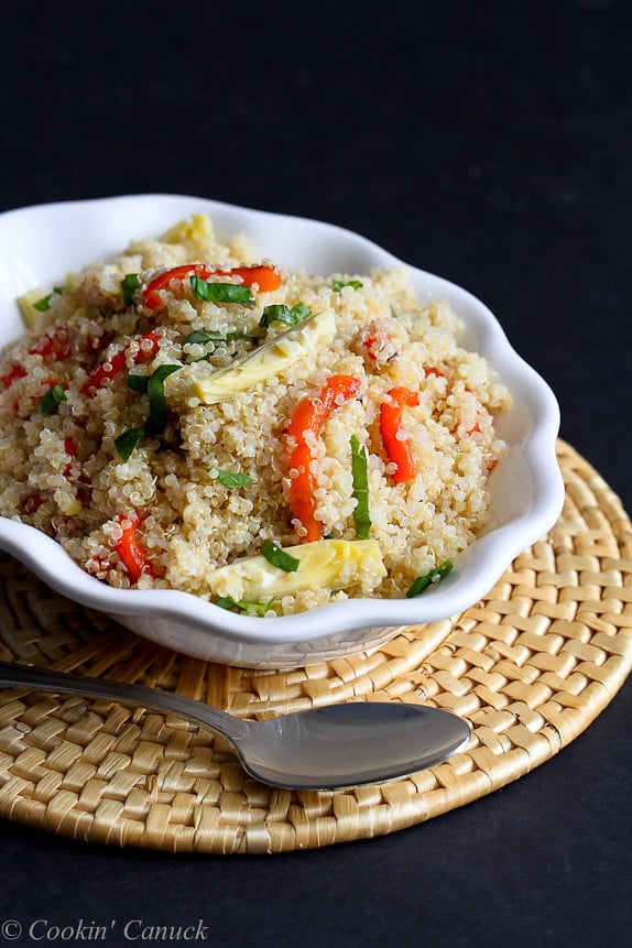 Lemon Quinoa with Artichokes, Roasted Peppers and Basil...A healthy springtime side dish. 170 calories and 4 Weight Watchers PP | cookincanuck.com #recipe #vegan