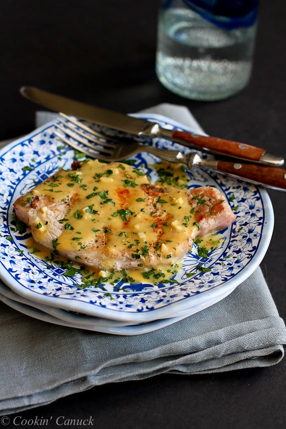Pork Chops with Dijon Maple Sauce Recipe...Cheap, easy and delicious! 248 calories and 6 Weight Watchers PP | cookincanuck.com #dinner