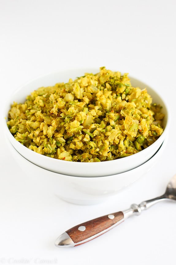 Curry Asparagus and Cauliflower Rice Recipe...A fantastic, low-carb side dish! 55 calories and 1 Weight Watchers PP | cookincanuck.com #vegan #glutenfree