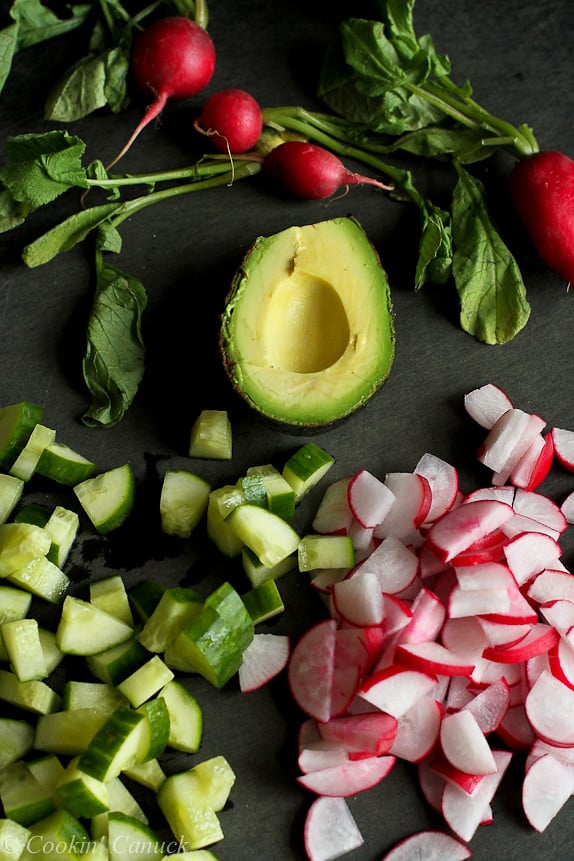Smoky Cucumber, Radish and Avocado Salad...A fresh, spring salad recipe with a smoky paprika dressing! 106 calories and 3 Weight Watchers PP | cookincanuck.com #vegan #vegetarian
