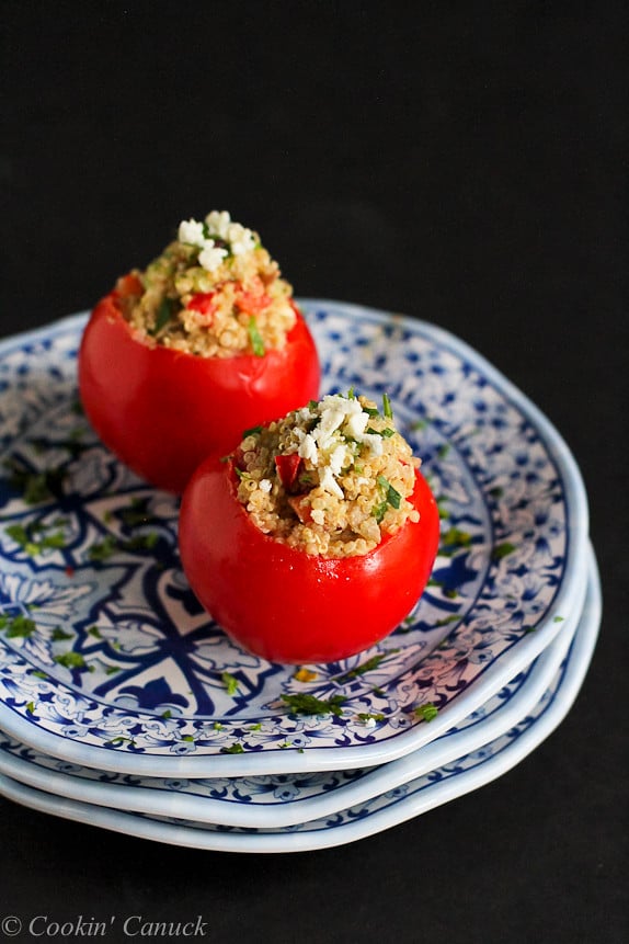 Greek Quinoa and Hummus Stuffed Tomatoes...213 calories and 5 Weight Watchers PP | cookincanuck.com #recipe #healthy