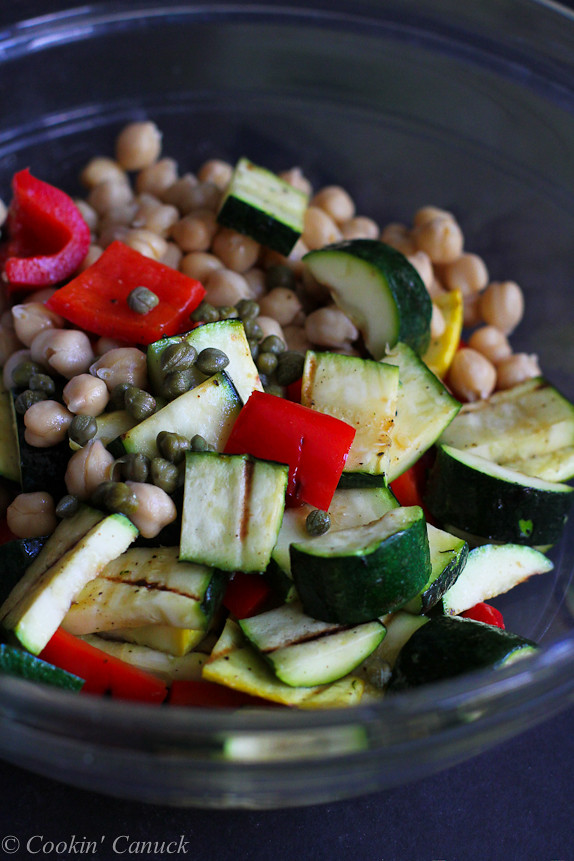 Grilled Vegetable, Chickpea and Caper Salad {Vegan} - Who knew veggies could be so addictive?! 138 calories and 4 Weight Watchers PP | cookincanuck.com
