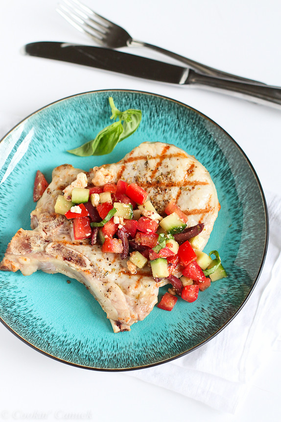Grilled Pork Chops with Greek Salad Salsa...186 calories and 5 Weight Watchers PP | cookincanuck.com #recipe #healthy