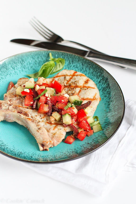 Grilled Pork Chops with Greek Salad Salsa...186 calories and 5 Weight Watchers PP | cookincanuck.com #recipe #healthy