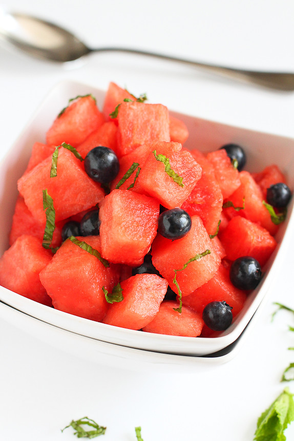 Watermelon and Blueberry Mojito Salad…This refreshing salad gets a little tipsy! 80 calories and 2 Weight Watchers PP | cookincanuck.com #vegan #recipe