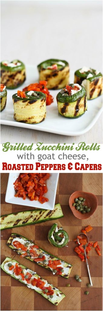 Grilled Zucchini Rolls with Goat Cheese, Roasted Peppers and Capers...54 calories and 1 Weight Watchers PP | cookincanuck.com #vegetarian #recipe