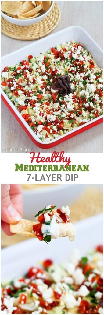 Healthy Mediterranean 7-Layer Dip Recipe will disappear in minutes at your next party!...49 calories and 1 Weight Watcher Freestyle SmartPoints #vegetarian
