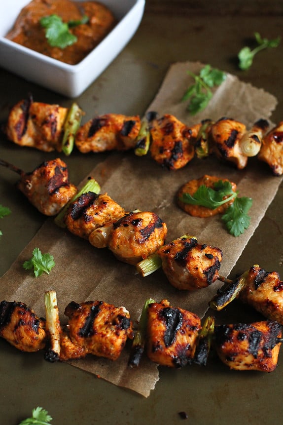 Grilled Chicken Kabobs with Red Pepper Cilantro Pesto Recipe...204 calories and 6 Weight Watchers PP | cookincanuck.com #healthy