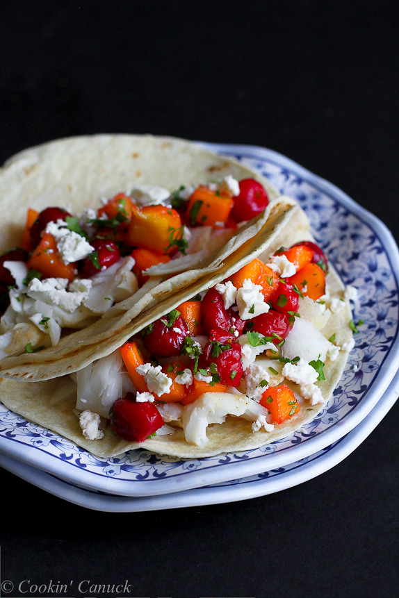 Fish Tacos with Tart Cherry and Mango Salsa...232 calories and 3 Weight Watchers PP | cookincanuck.com #recipe #healthy