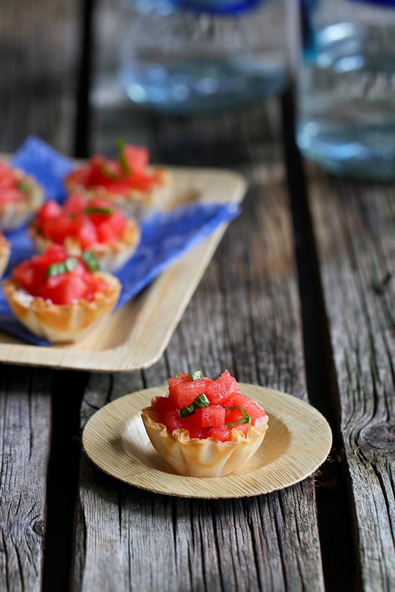 Watermelon and Goat Cheese Phyllo Bites...76 calories and 2 Weight Watchers PP for 3 tasty bites! | cookincanuck.com #healthy #recipe #appetizer
