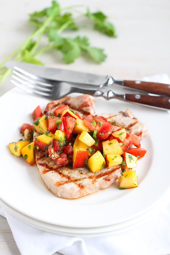 Grilled Pork Chops with Peach Salsa…Quick as a flash, with fresh summer flavors. 270 calories and 5 Weight Watchers SP #pork