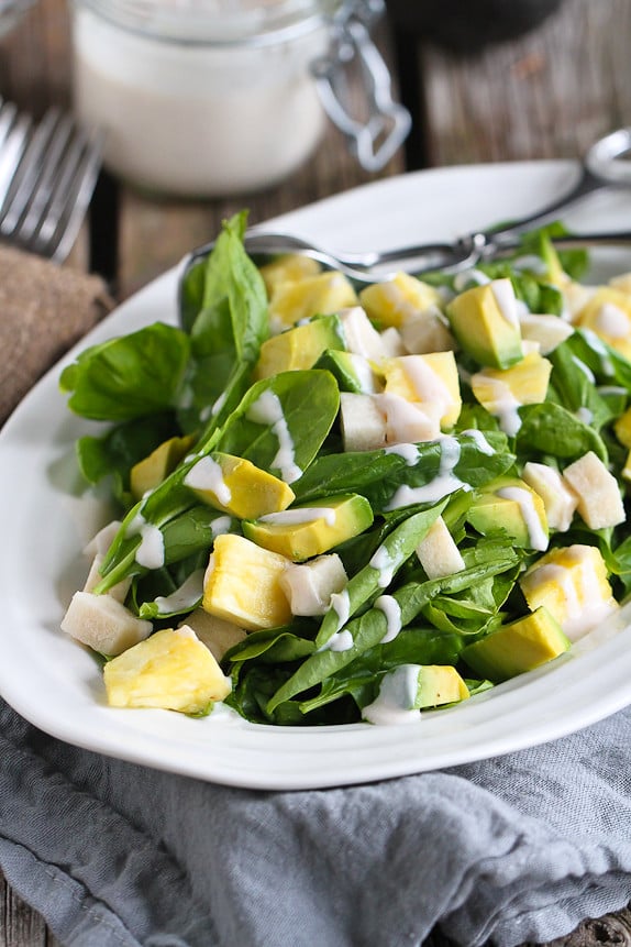Jicama and Pineapple Spinach Salad with Sriracha Buttermilk Dressing...94 calories and 2 Weight Watchers PP for a great side salad! | cookincanuck.com #healthy #vegetarian #recipe