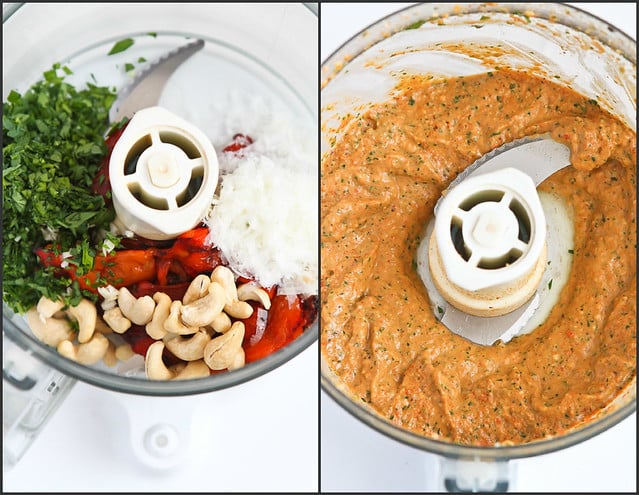 Creamer Potatoes with Red Pepper Cashew Pesto...A side dish that will knock your socks off! 188 calories and 5 Weight Watchers PP | cookincanuck.com #recipe #CreamerPotatoes