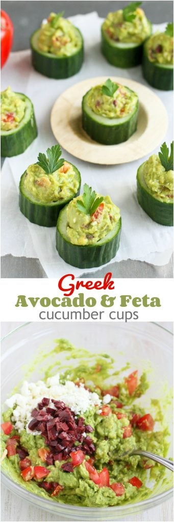 Greek Avocado and Feta Cucumber Cups...A superfoods snack! 43 calories and 1 Weight Watchers PP | cookincanuck.com #recipe #healthy