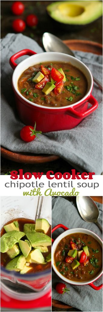 Slow Cooker Chipotle Lentil Soup with Avocado... Healthy & delicious, with very little prep time. 298 calories and 2 Weight Watchers Freestyle SP #recipe #vegan #vegetarian
