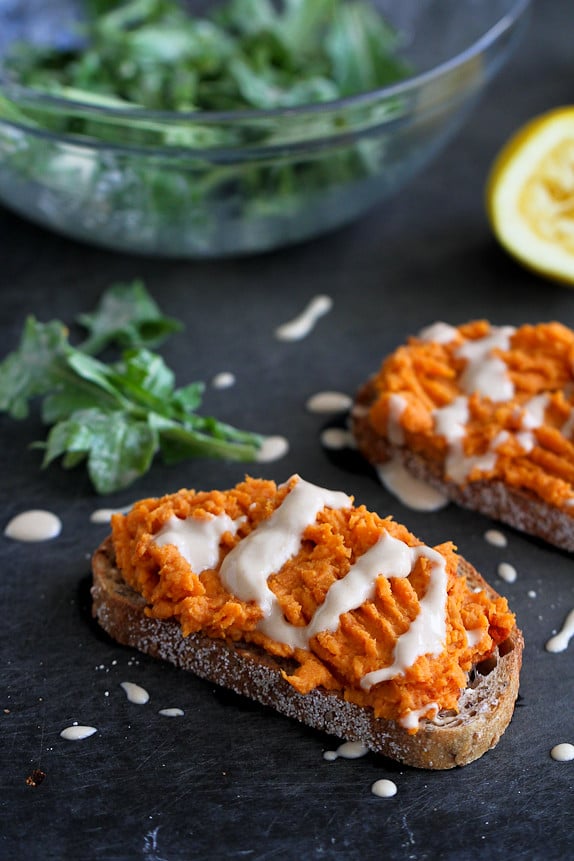 Sweet Potato Toast with Tahini Arugula...Quick and easy vegetarian lunch or dinner. 181 calories and 5 Weight Watchers PP | cookincanuck.com #recipe #vegan