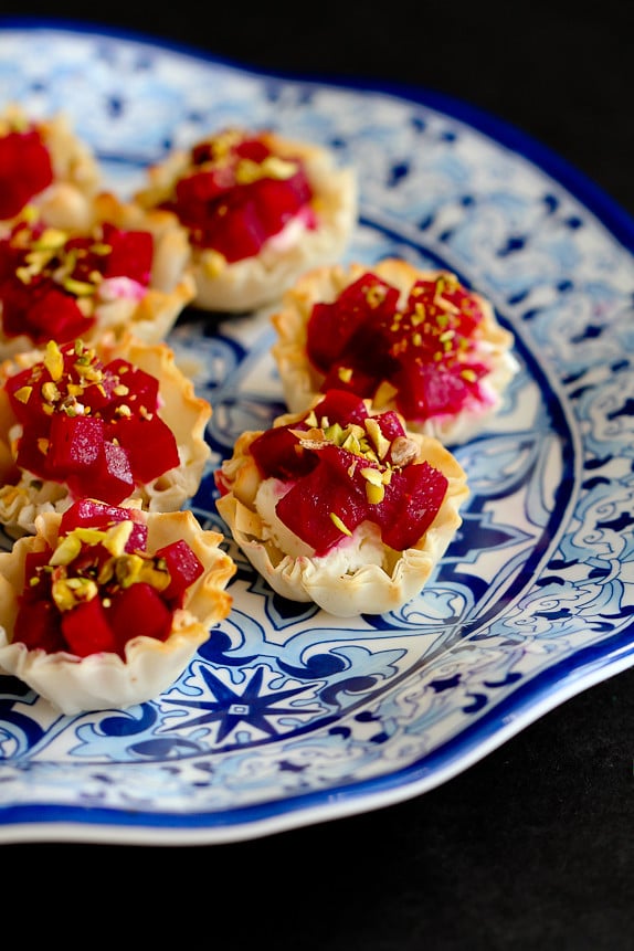 Mini Beet, Goat Cheese and Pistachio Phyllo Cups…An easy and healthy appetizer for the holidays or any other time! 64 calories and 2 Weight Watchers PP | cookincanuck.com #recipe #vegetarian