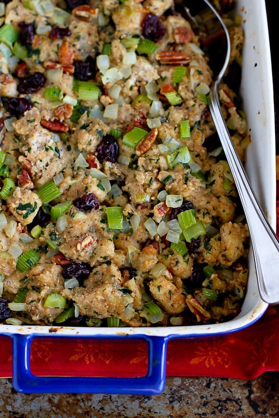 Whole Wheat Stuffing with Dried Cherries and Pecans…A delicious, healthy version of a classic holiday recipe. 252 calories and 6 Weight Watchers PP | cookincanuck.com #Thanksgiving