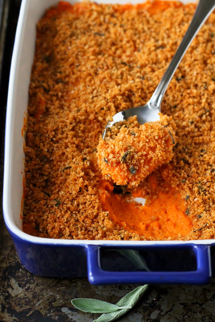 Light Sweet Potato Casserole with Sage Breadcrumbs…Full of flavor and the perfect recipe for Thanksgiving! 99 calories and 3 Weight Watchers PP | cookincanuck.com