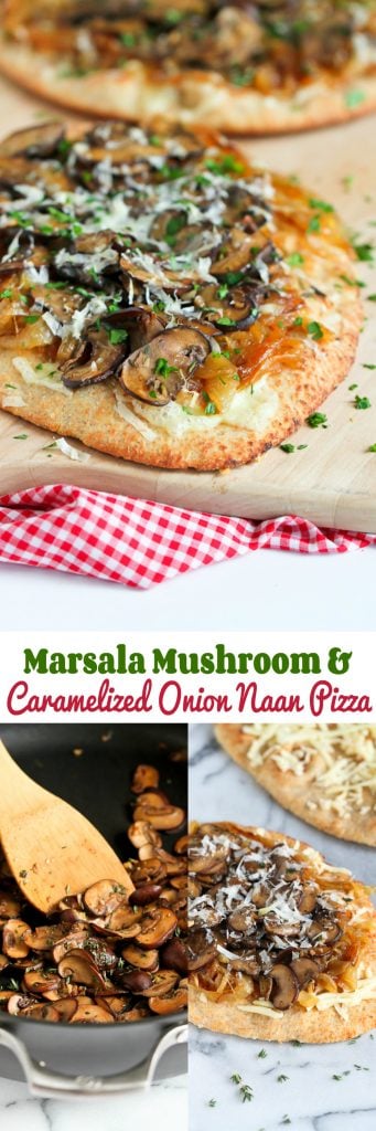Marsala Mushroom and Caramelized Onion Naan Pizza…Marsala, thyme, sweet onions and melted cheese makes for one tasty pizza! 389 calories and 9 Weight Watchers PP | cookincanuck.com #recipe