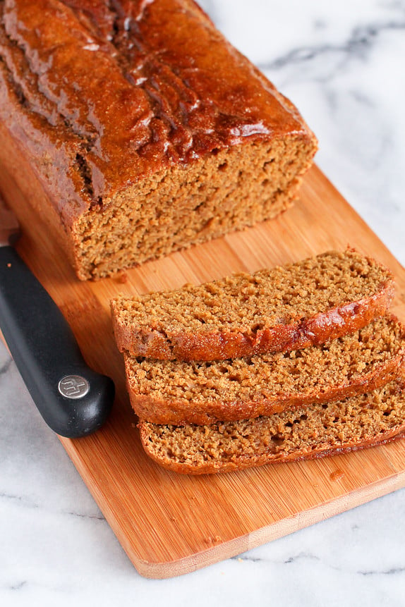 Whole Wheat Gingerbread Quick Bread with Maple Glaze…Fantastic flavor and texture in the holiday quick bread. 122 calories and 3 Weight Watchers PP | cookincanuck.com
