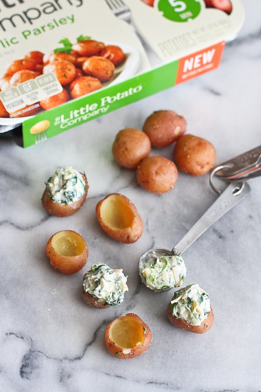 Mini Spinach and Artichoke Stuffed Potatoes…Fun and light appetizers for any time of the year! 39 calories and 1 Weight Watchers Smart Points | cookincanuck.com #recipe