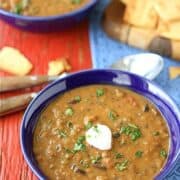 Hearty Lentil and Black Bean Soup with Smoked Paprika...The perfect comfort food that happens to be vegan. Perfect for Meatless Monday! 223 calories and 2 Weight Watcher Freestyle SP #vegan
