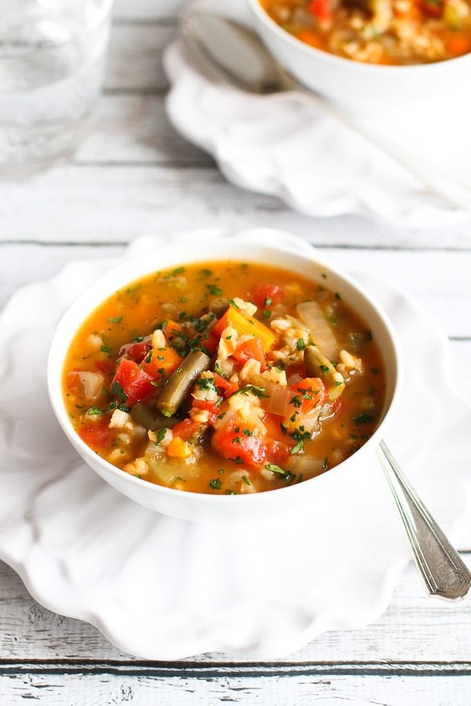 Slow Cooker Vegetable Barley Soup Recipe…A tasty way to get a couple of servings of vegetables! 164 calories and 5 Weight Watcher SmartPoints