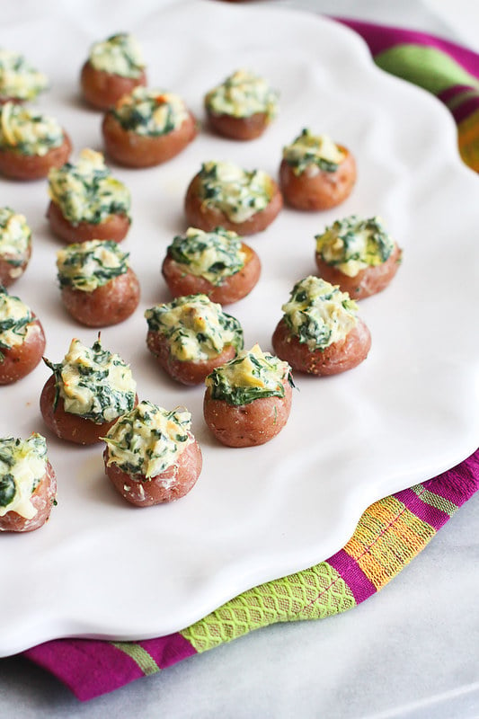 Mini Spinach and Artichoke Stuffed Potatoes…Fun and light appetizers for any time of the year! 39 calories and 1 Weight Watchers Smart Points | cookincanuck.com #recipe