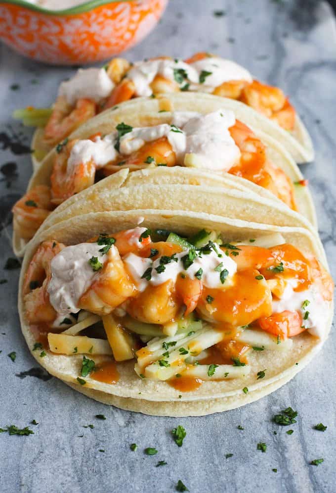 Teriyaki Shrimp Tacos with Chili Lime Yogurtâ€¦The flavors in these tacos are absolutely amazing! 284 calories and 6 Weight Watcher Freestyle SP