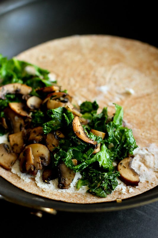 Kale, Mushroom and Goat Cheese Quesadillas…A fantastic vegetarian recipe for lunch or appetizers! 239 calories and 7 Weight Watchers Freestyle SP #vegetarian #quesadilla #kale
