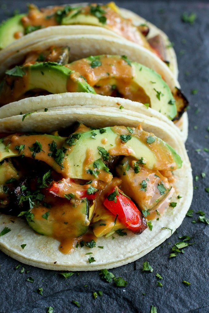 Grilled Thai Vegetable Tacos…One of the tastiest meatless meals you’ll eat this summer! Also vegan and gluten free. 233 calories and 7 Weight Watchers Freestyle SP #vegan #tacos