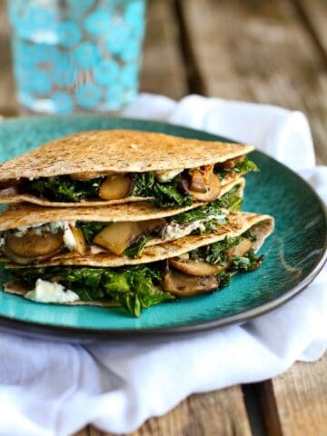 Kale, Mushroom and Goat Cheese Quesadillas…A fantastic vegetarian recipe for lunch or appetizers! 239 calories and 7 Weight Watchers Freestyle SP