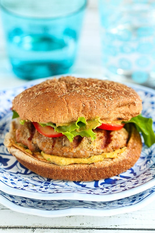 Grilled Turkey Burgers with Curry Hummus…254 calories and 7 Weight Watcher PP | cookincanuck.com #recipe #healthy