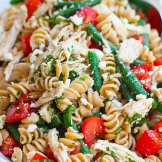 Chicken Pasta Salad with Green Beans, Tomatoes and Feta Cheese…This healthy side pasta salad with disappear in minutes at your next barbecue! 163 calories and 4 Weight Watchers Freestyle SP