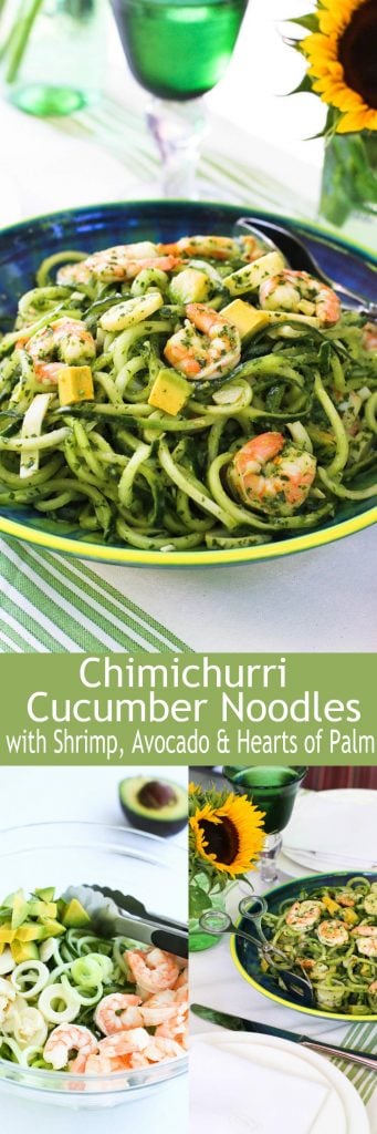 Chimichurri Cucumber Noodles with Shirmp, Avocado and Hearts of Palm…The flavors meld together so well in this healthy, fresh recipe! 245 calories and 5 Weight Watchers Freestyle SP