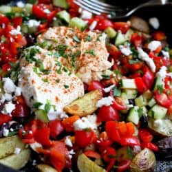 Serve up these delicious Mediterranean roasted potato nachos for lunch or game day! Bring a bunch of forks to the table and let everyone dig in. 141 calories and 4 Weight Watchers Freestyle SP #nachos #appetizer #healthy