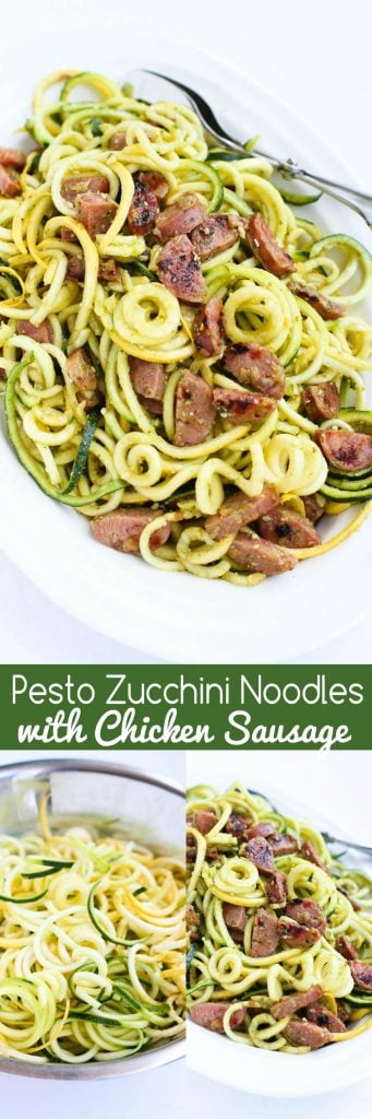 Pesto Zucchini Noodles with Chicken Sausage…Only 6 ingredients! Perfect when you’re craving pesto pasta, but want a light and healthy recipe. 205 calories and 4 Weight Watchers Freestyle SP #zucchininoodles #healthy
