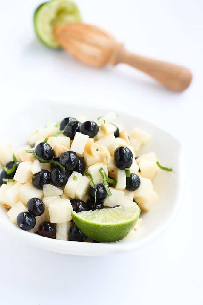 Spicy Blueberry Jicama Salad Recipe with Cashews…Spicy, crunchy, refreshing – this summertime salad is perfect for potluck barbecues. 84 calories and 2 Weight Watchers Freestyle SP