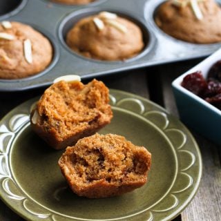 Whole Wheat Muffins, like these ones with tart cherries and almonds, are just the thing to have tucked in the freezer when you need a quick breakfast or snack option. 142 calories and 5 Weight Watchers Freestyle SP #muffins #healthy