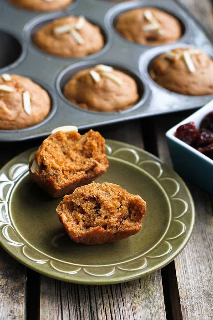 Whole Wheat Muffins, like these ones with tart cherries and almonds, are just the thing to have tucked in the freezer when you need a quick breakfast or snack option. 142 calories and 5 Weight Watchers Freestyle SP #muffins #healthy #cherry
