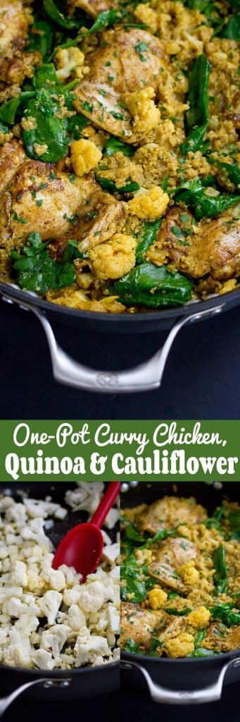 One-Pot Curry Chicken, Quinoa and Cauliflower…Flavor is the name of the game in this healthy one-pot meal that’s packed with veggies and goodness! 308 calories and 7 Weight Watchers Freestyle SP